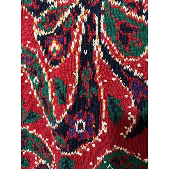 80s Northern Isles Hand Knit Ribbon Red Holiday Bow Sweater Medium Cottagecore - Picture 3 of 11
